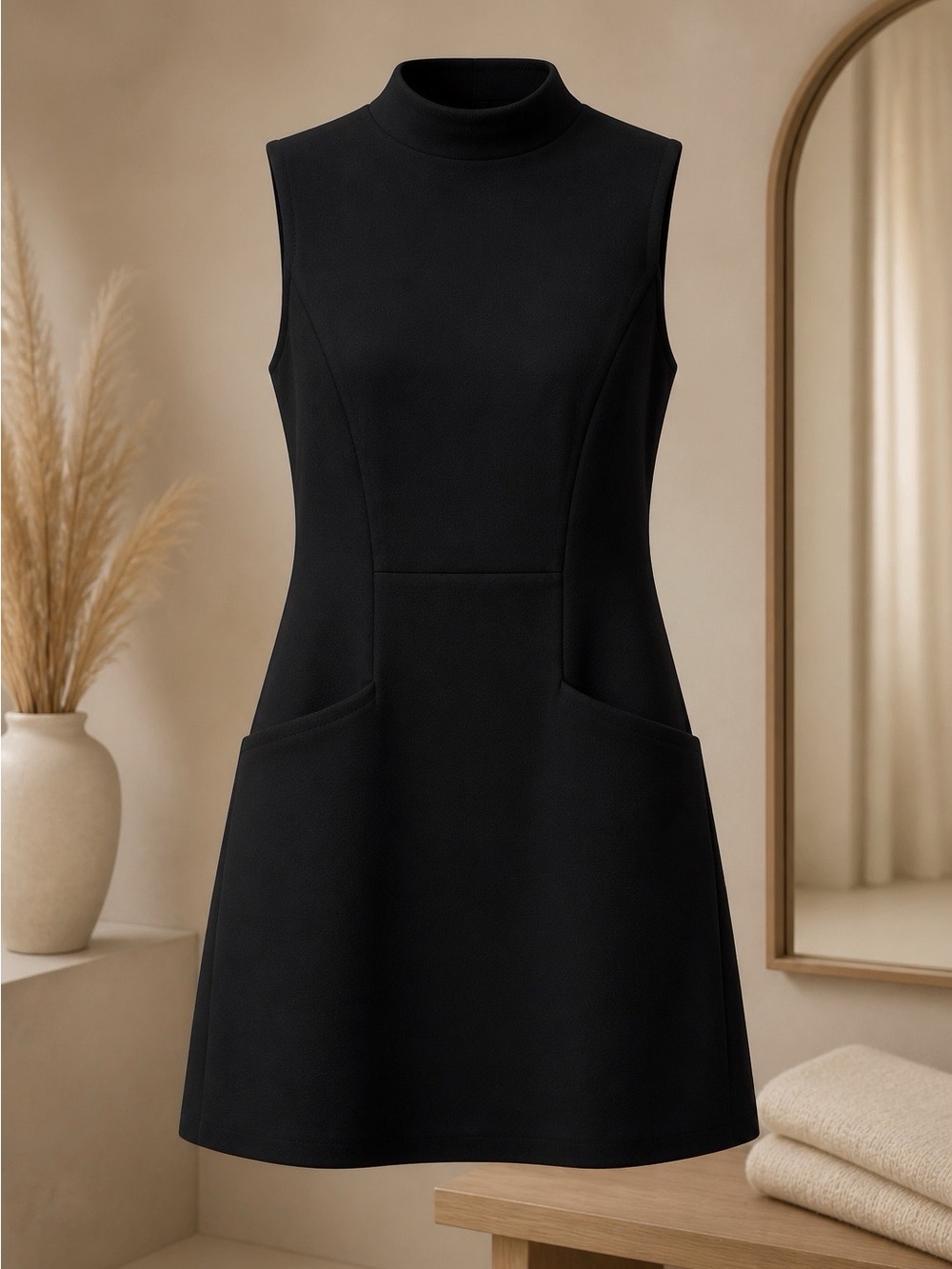 Sleeveless Mini Dress with Mock Neck & Pockets in Black by Tintoretto